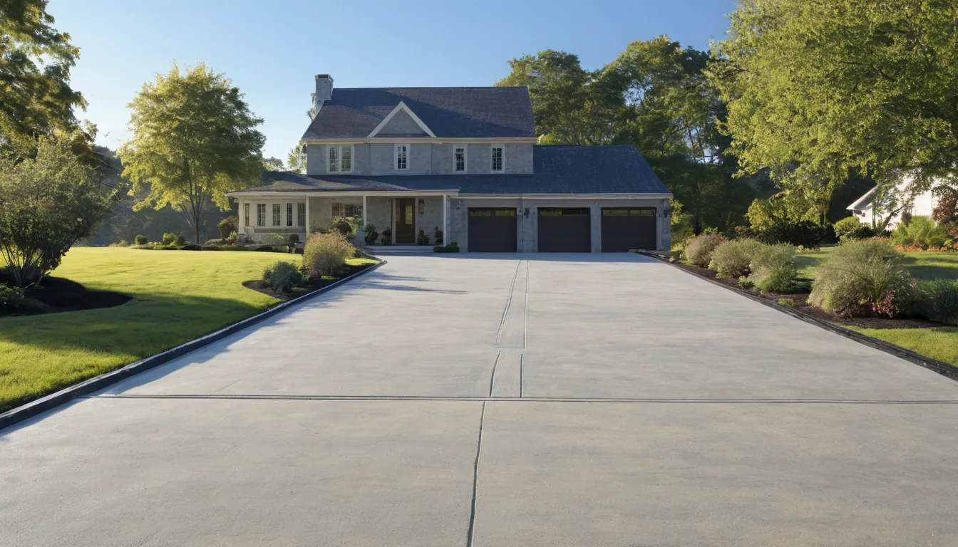 A freshly poured concrete driveway in front of a colonial home near Baltimore